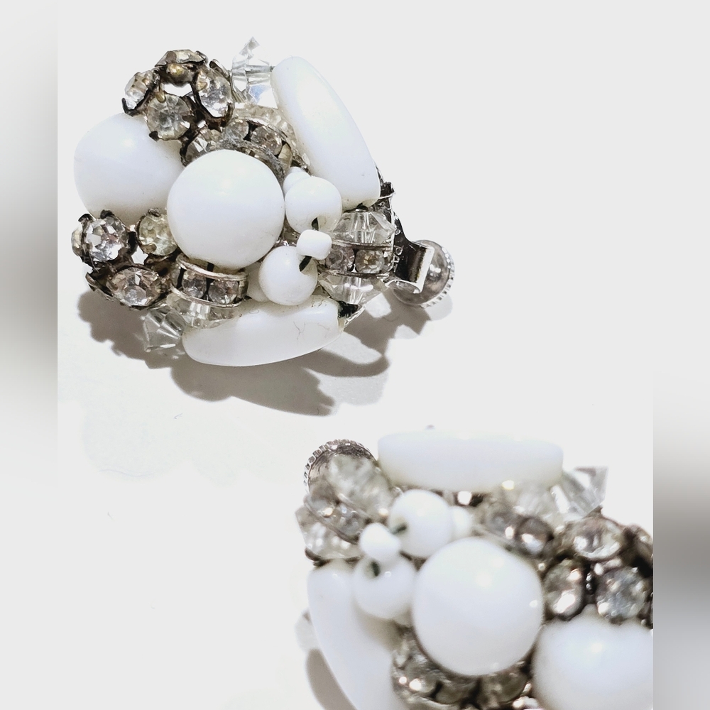 Vintage Vendome crystal cluster Rhinestone & milk glass Earrings Clips